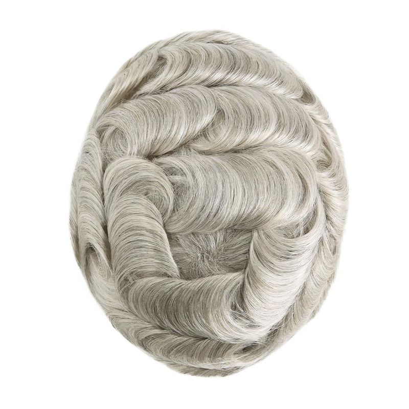 Swiss Lace Toupee For Men 100% Human Hair Piece 90% Density Hair Replacement System Natural Hairline Real Men Wigs Brown With 80% Grey Color #580_voghion.com