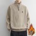 Men’s Fleece-Lined Half-Zip Sweatshirt – Korean Streetwear Style With Minimalist Tree Embroidery (Beige/Khaki/Black, Sizes M-4XL)_voghion.com