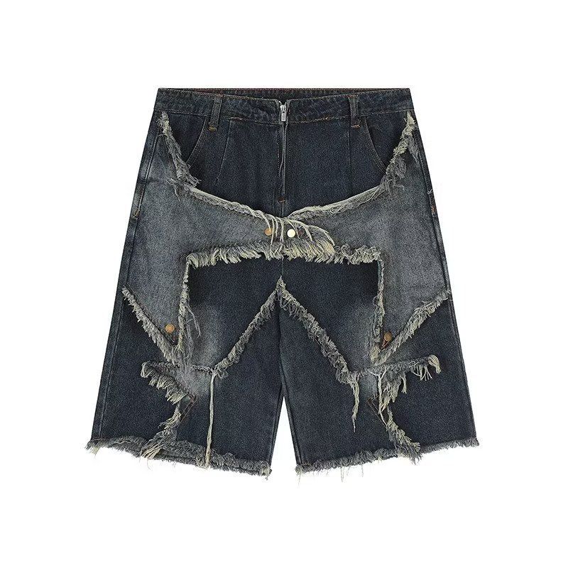Amerikanische Retro-Jeans mit mehreren Taschen und Sternen, Raw Edge für Damen und Herren, trendige, locker verwaschene Distressed-Jeans mit weitem Bein, Sommer_voghion.com