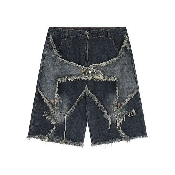 Amerikanische Retro-Jeans mit mehreren Taschen und Sternen, Raw Edge für Damen und Herren, trendige, locker verwaschene Distressed-Jeans mit weitem Bein, Sommer_voghion.com