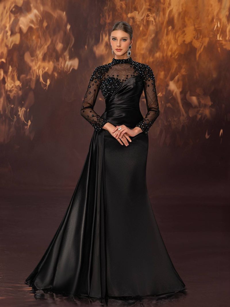 Damenbekleidung High-End sexy und elegantes Satin-Mesh-Patch-Pailletten-Hot-Diamond-Stehkragen-Ultra-Langarm-Light-Luxus-Kleid_voghion.com