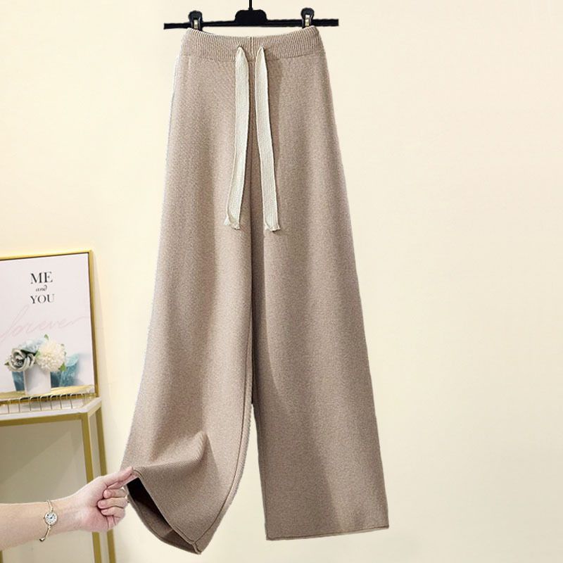 Damenbekleidung: Anzug für Damen, neuer, stilvoller Herbst- und Winteranzug aus hochgeschlossenem Strickpullover + drapierter Hose mit weitem Bein und Kordelzug, zweiteiliger Anzug_voghion.com