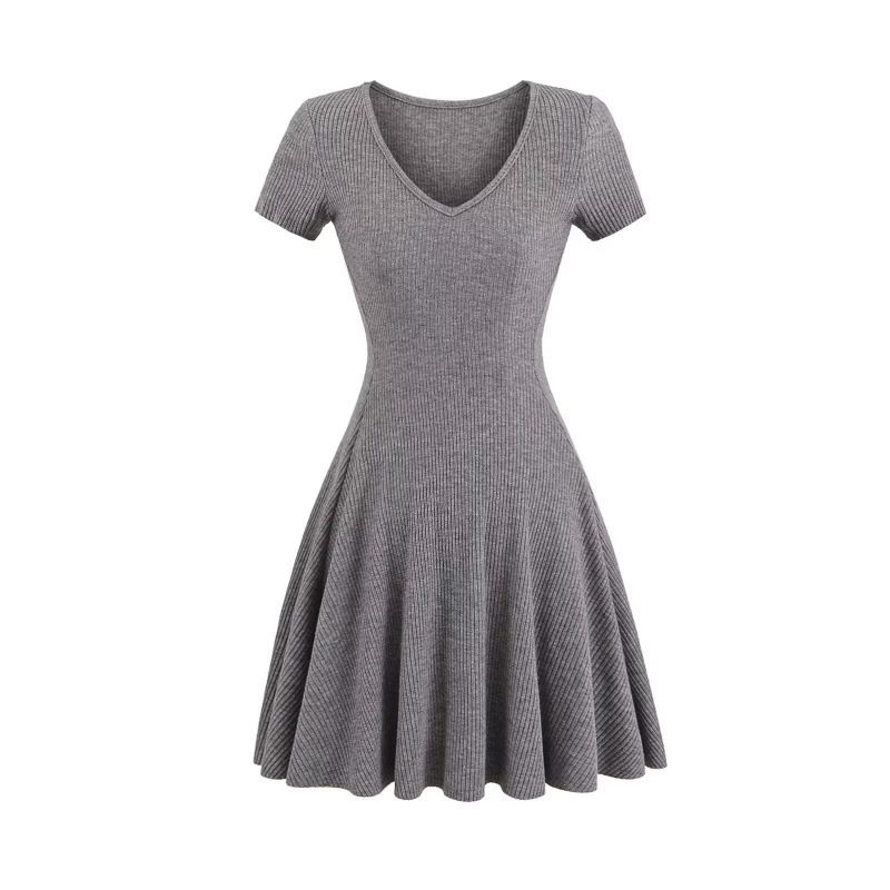 Women's Clothing Pure Desire Style Spring New Hot Girl Sexy V Neck Short Sleeved A Line Short Skirt Female Style Solid Color Slim Dress_voghion.com