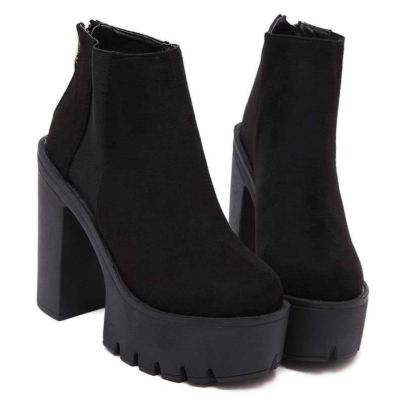Fashion Black Ankle Boots For Women Thick Heels Spring Autumn Flock Platform Shoes High Heels Black_voghion.com