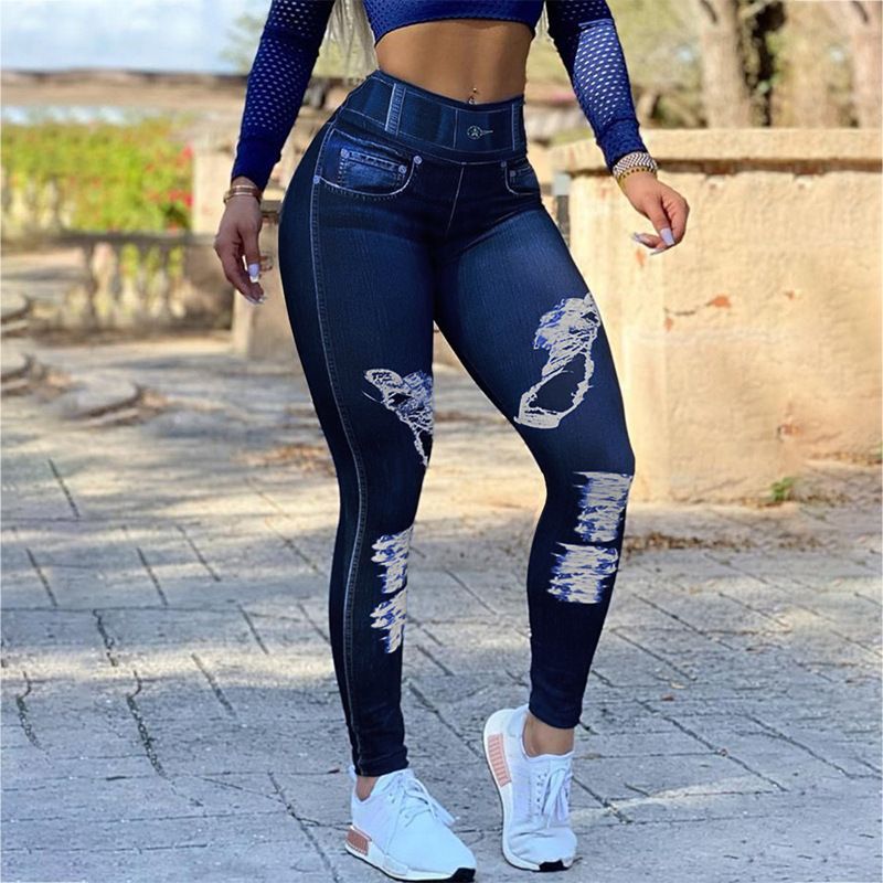 Women's high-waisted elastic imitation denim leggings plus size fitness yoga pants_voghion.com