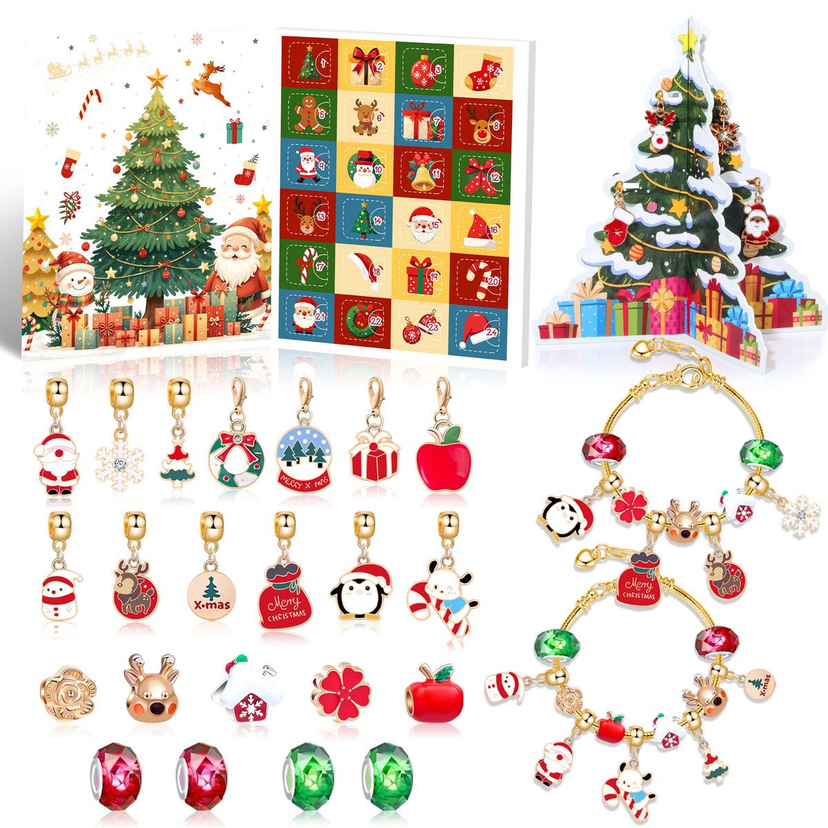 Weihnachtsschmuckherstellung, Weihnachts-Advents-Countdown-Kalender, 24 Raster, DIY-Schmuckzubehör, Cartoon-Elch, Kinderarmband_voghion.com