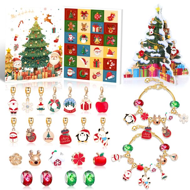 Weihnachtsschmuckherstellung, Weihnachts-Advents-Countdown-Kalender, 24 Raster, DIY-Schmuckzubehör, Cartoon-Elch, Kinderarmband_voghion.com