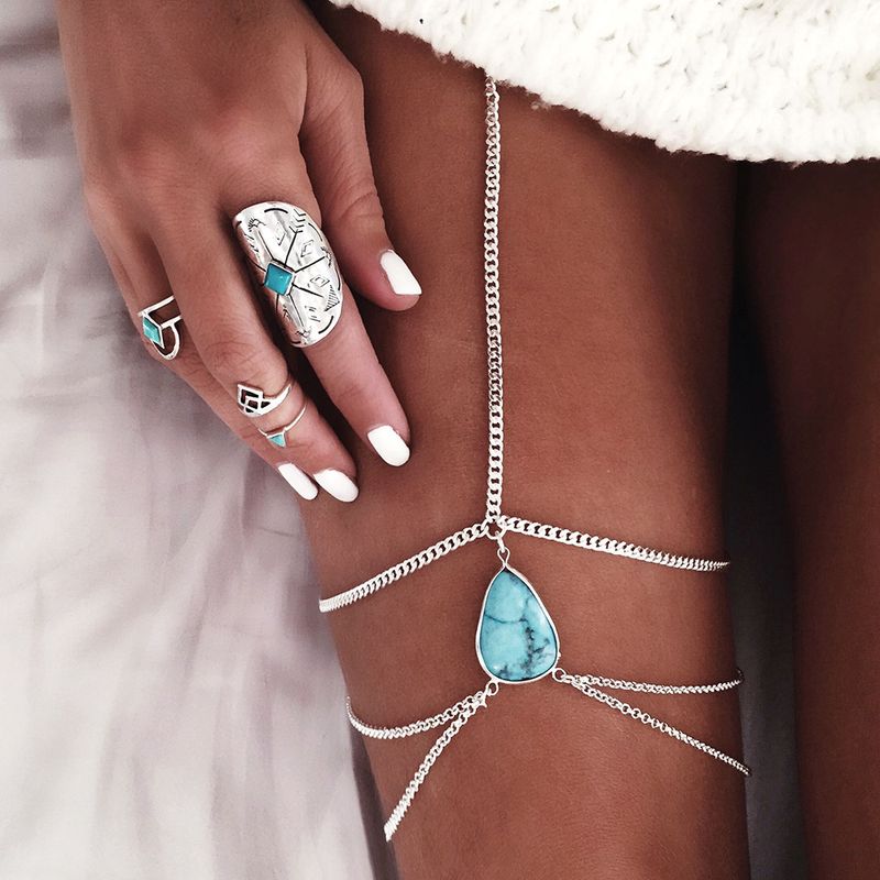 New Jewelry Summer Versatile Beach Vacation Turquoise Teardrop Tassel Anklet Foot Chain_voghion.com