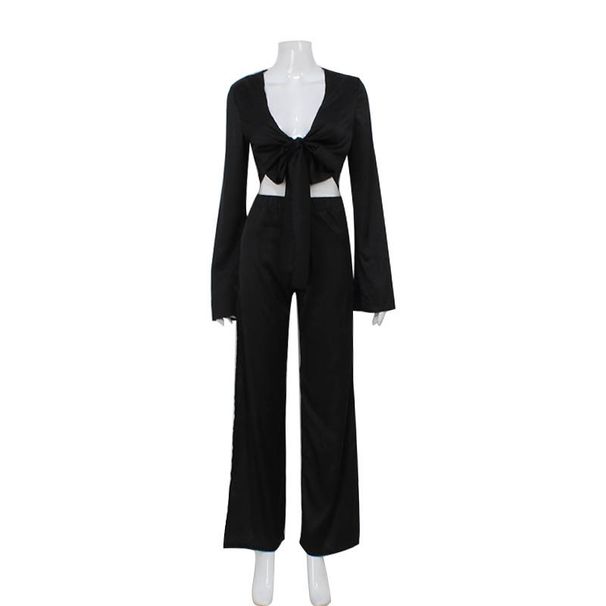 10756 Women's Fashion Sleeve Tie Short Top Hollow Out Split Long Pants Elegant Two-Piece Set_voghion.com