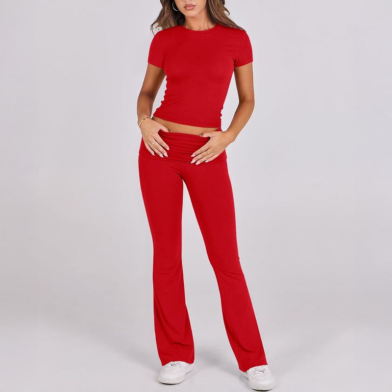 Pantaloni da tuta a maniche corte aderenti in tinta unita casual primaverili ed estivi da donna_voghion.com