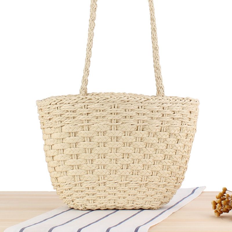 Borsa a tracolla retrò in paglia semplice e di colore puro, borsa casual in corda di carta e asciugamano di seta alla moda_voghion.com