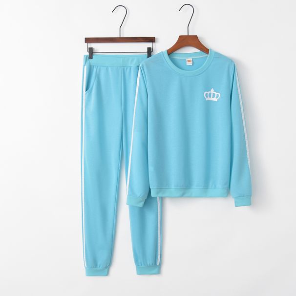 Traje de pantalón y suéter con cuello redondo y estampado de corona para mujer_voghion.com