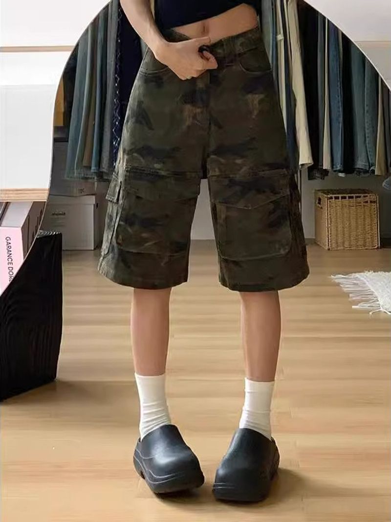 Pantaloncini mimetici retrò da uomo, pantaloncini estivi alla moda da uomo, pantaloni da strada alla moda, salopette in denim multitasche_voghion.com