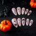 Faux ongles doux et cool, rose foncé, tête de mort, paillettes françaises, Halloween, femme, mi-long, amande, porter des ongles_voghion.com