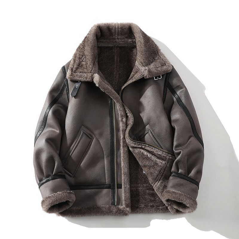 Men's Fleece-Lined Faux Shearling Jacket - Slim Fit Windproof Bomber With Notched Lapel (Taupe, Sizes M-5XL)_voghion.com