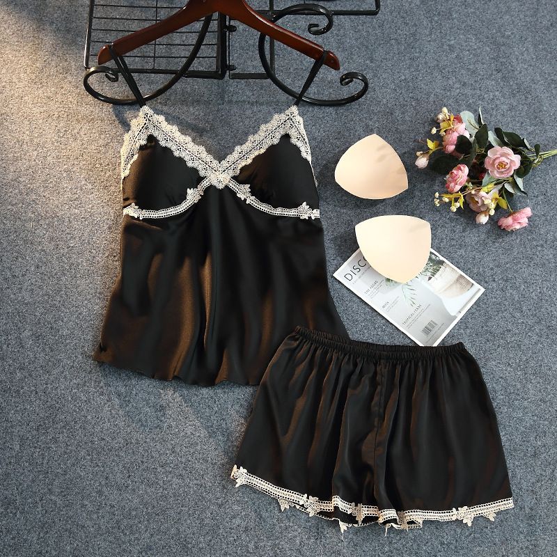 Women's Ice Silk Suspender Shorts Sexy Lace Belt Bra Pad Two-piece Set Home Clothes Summer _voghion.com