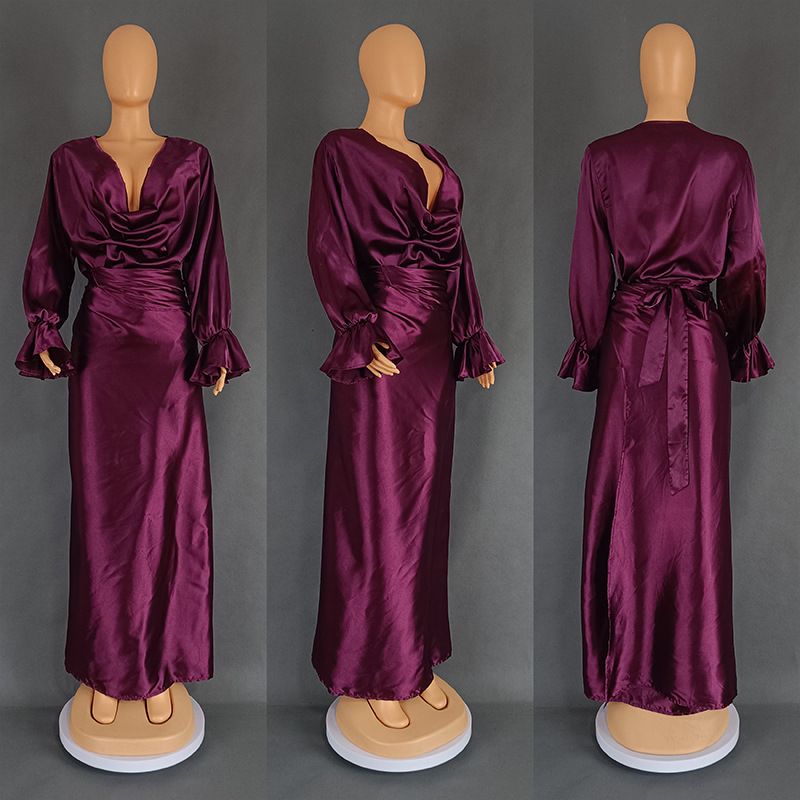 Damenbekleidung Heißer verkauf frauen kleidung lose lotus blatt hülse top ein stück spitze up langen rock zwei stück anzug_voghion.com