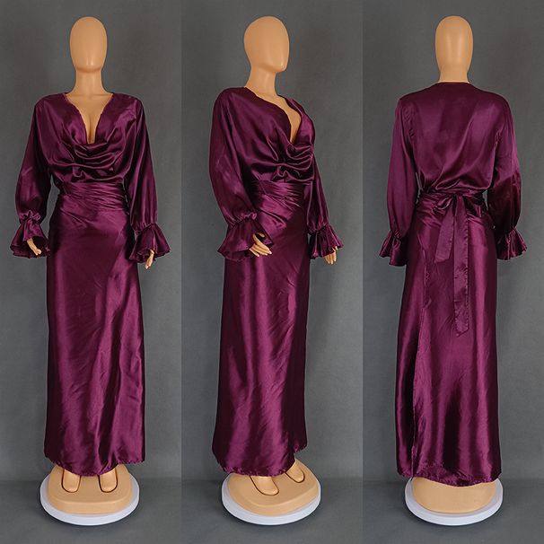 Damenbekleidung Heißer verkauf frauen kleidung lose lotus blatt hülse top ein stück spitze up langen rock zwei stück anzug_voghion.com