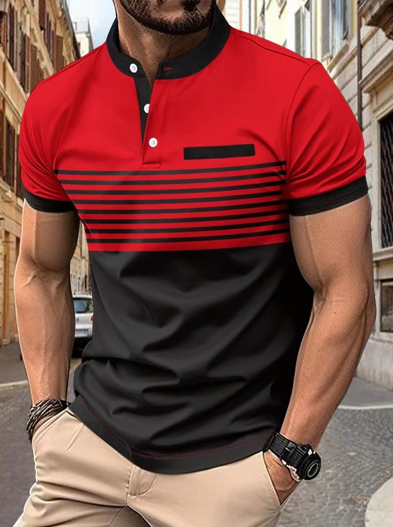 Camisa polo masculina de golfe Henley, nova moda verão 2025d, listrada, com gola alta, manga curta_voghion.com