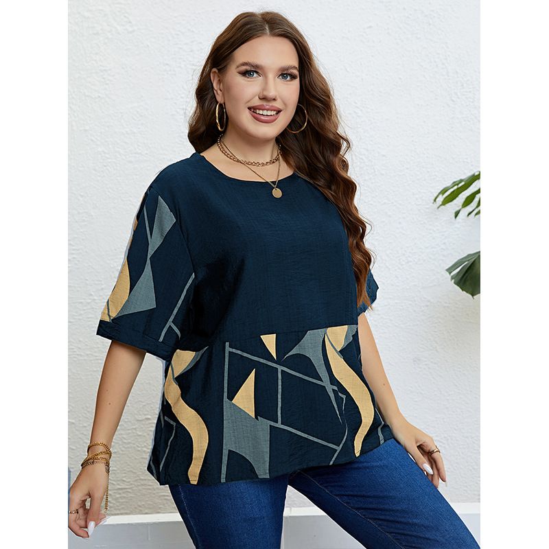 Women's round-neck art print tops prints loose casual_voghion.com