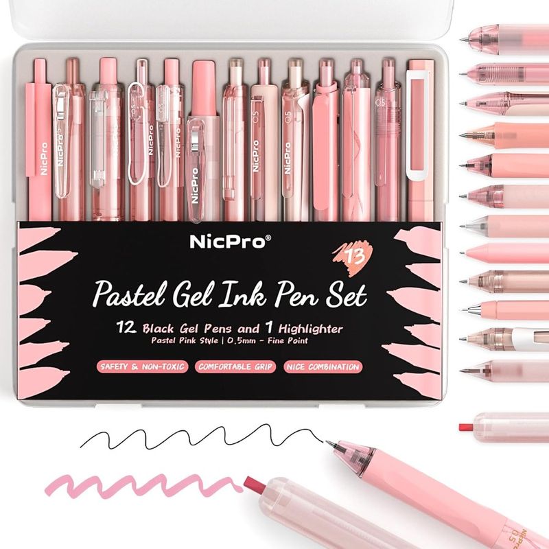13Pack Pastel Gel Ink Pen Set With Case Cute Retractable 0.5mm Fine Point Pen 12 Pink Pens Black Ink With 1 Highlighter Aesthet_voghion.com