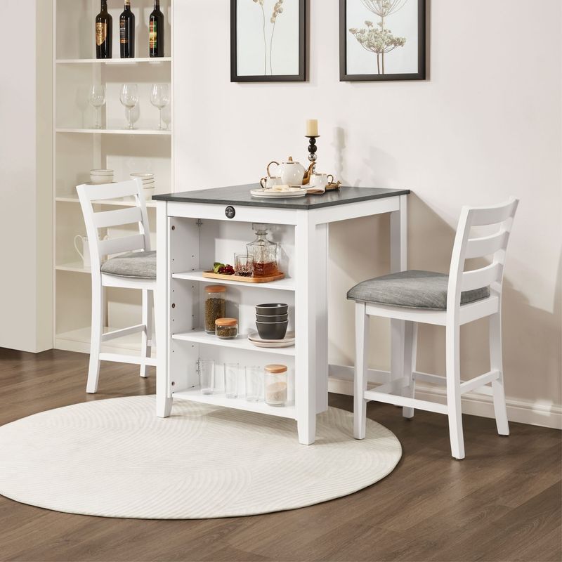 36" Modern Dining Table Set For 2 With Charging Station & 3-Tier Adjustable Storage | Space-Saving Kitchen Set With Upholstered Chairs For Small Spaces, Apartment,Off White_voghion.com