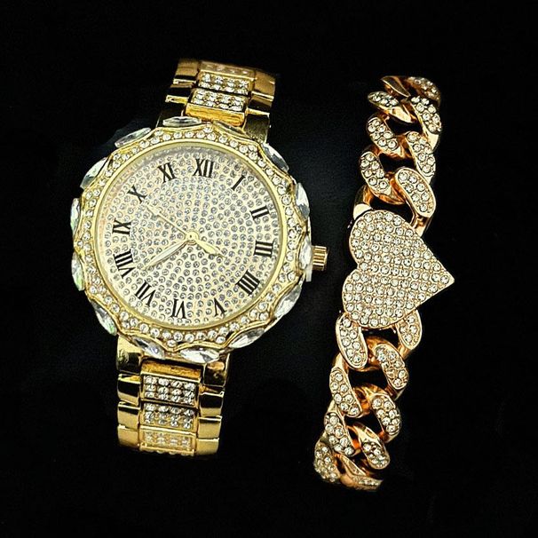 Bracciale in lega a forma di cuore + orologio al quarzo da donna alla moda, set da 2 pezzi_voghion.com