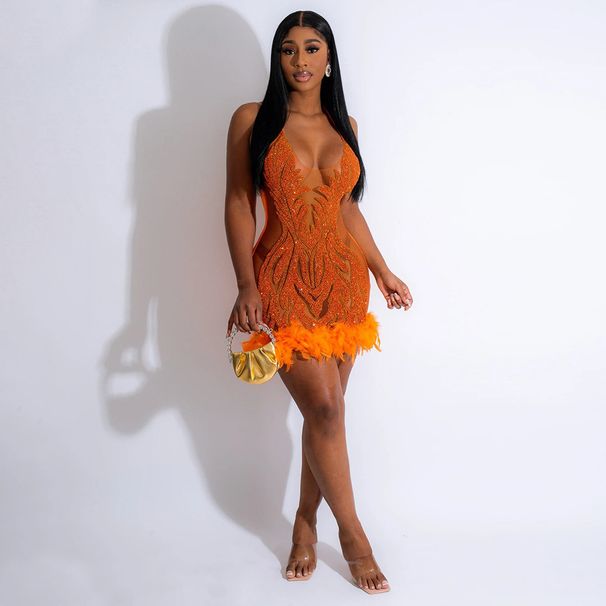 Damenbekleidung Neue Mode Schnürung Pailletten Perspektive Hüfte gewickelt Kurzrock Kleid für Frauen_voghion.com