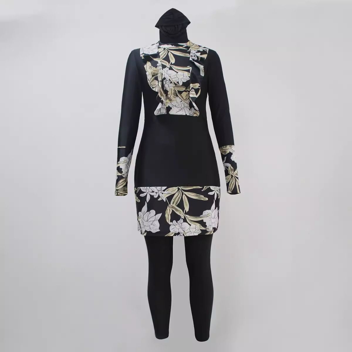 Women's Clothing Full Coverage Sunscreen Split Conservative Swimsuit Beach Block Splicing Print Three Piece Swimsuit_voghion.com