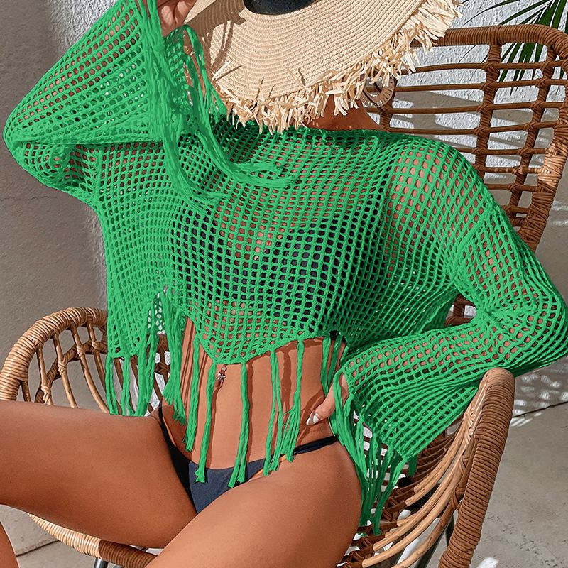 Chemisier cache-maillot en maille transparente à franges, tunique de plage sexy, maillot de bain, tenue de vacances d'été_voghion.com