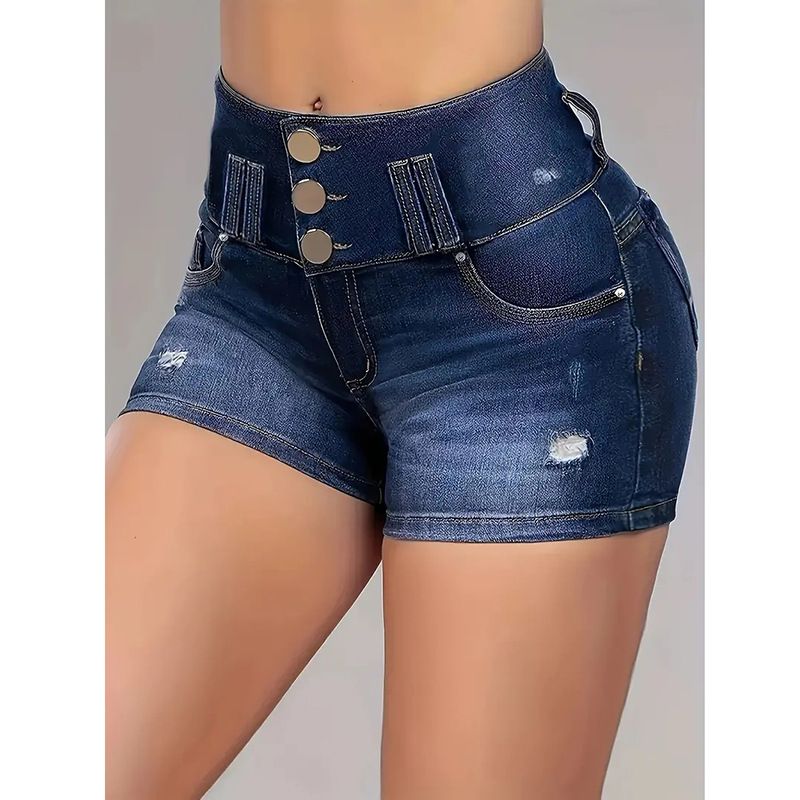 Women's Clothing Large Size Slim Fit Denim Shorts Button Design Summer New High Elastic Women's Pants Spot_voghion.com
