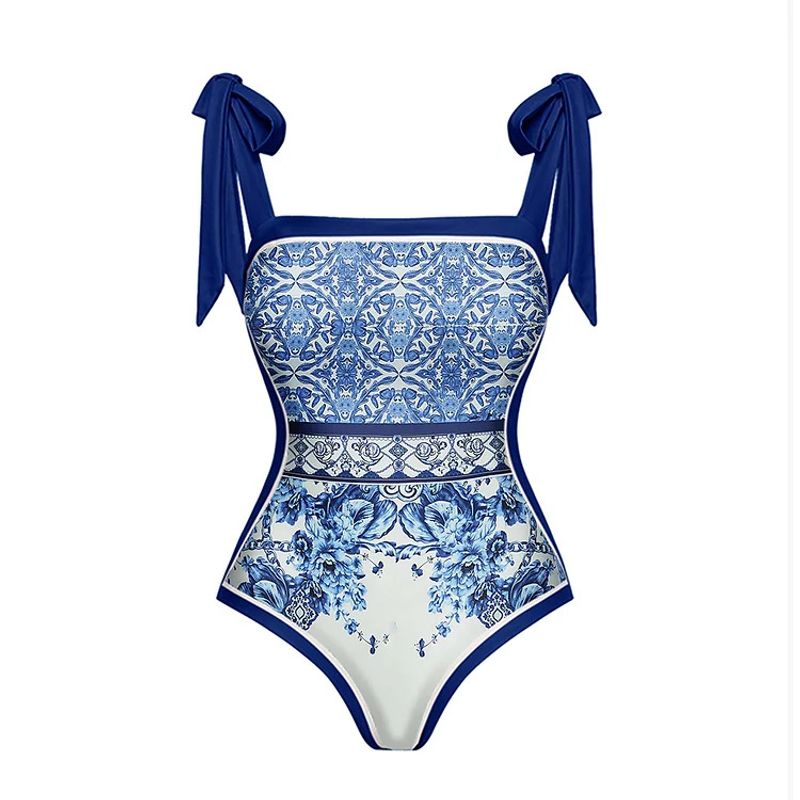 Women's Blue Ethnic Print Swimsuit With Bow Strap - One-Piece Design​_voghion.com