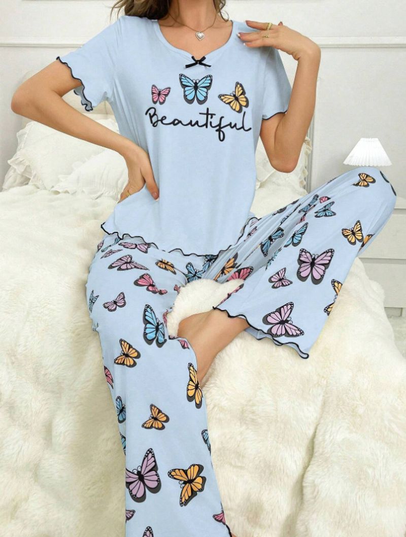Women's Sleepwears Summer Ladies New Wood Ear Edge Butterfly Print Short Sleeved Trousers Milk Silk Suit_voghion.com