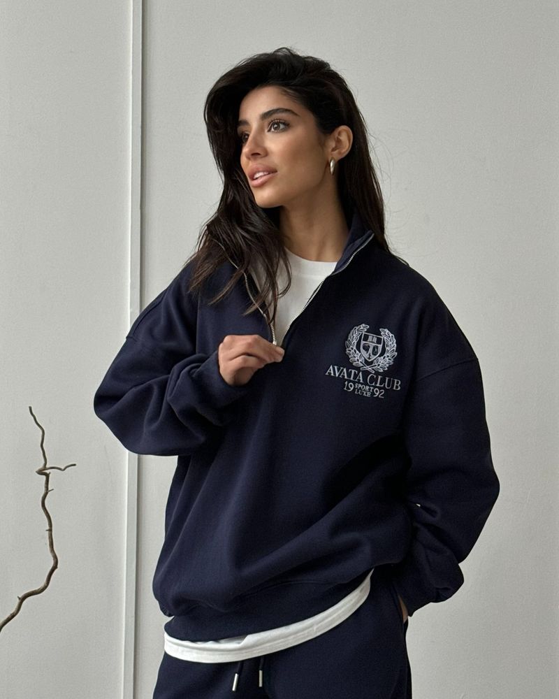 ​​Women’s Embroidered Half-Zip Sweatshirt – Oversized Cherry Print Pullover (S-L, 3 Colors – Light Grey/Navy/Coffee)​​_voghion.com
