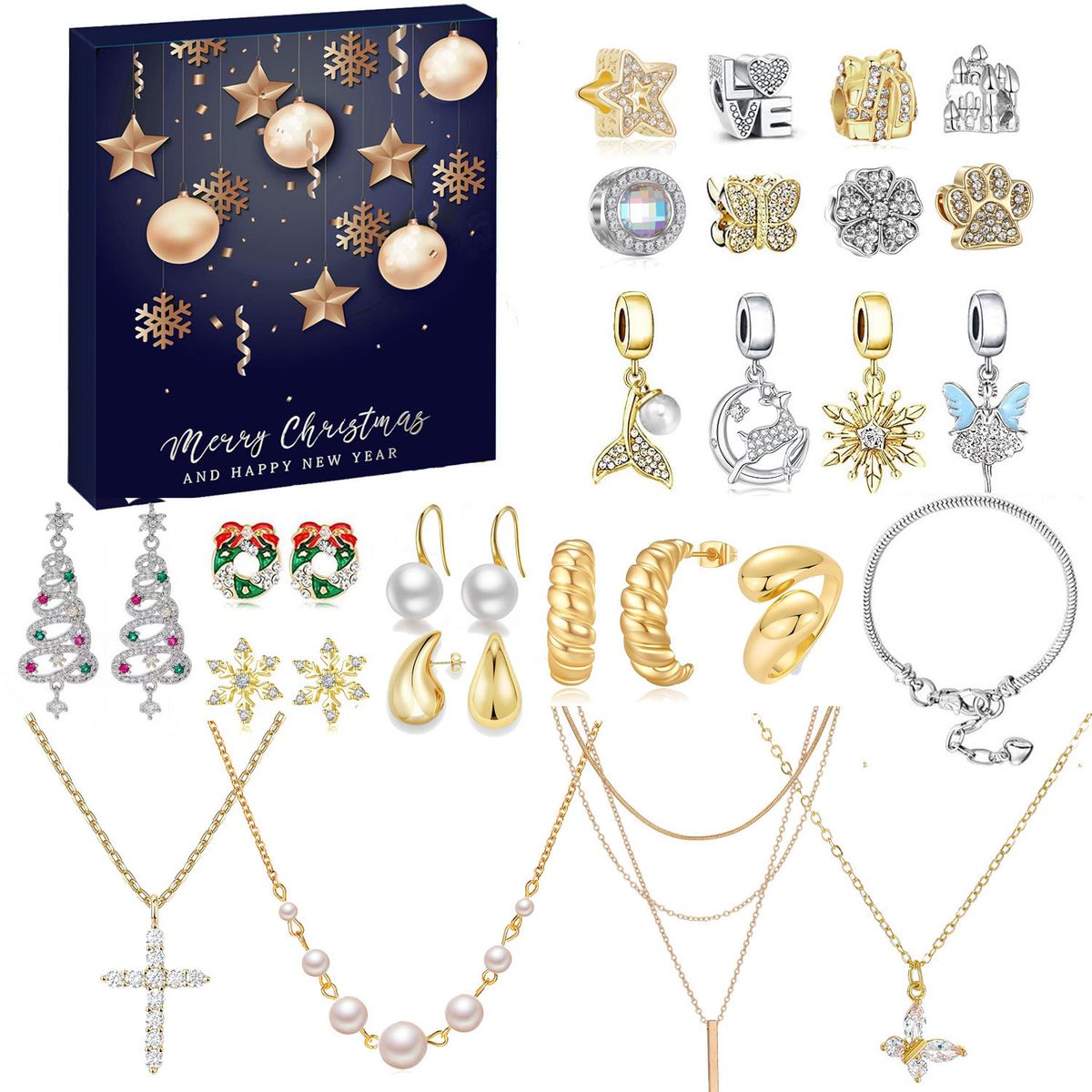 Namai ir sodas Nauja Kalėdų dovanų atgalinio skaičiavimo kalendorius Advento papuošalai Aklųjų dėžutė Auskarai Karoliai Apyrankė Dovanų dėžutė Papuošalai moterims_voghion.com