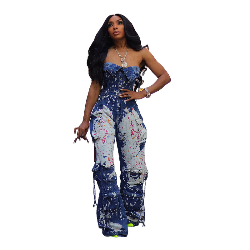 Vêtements pour femmes taille serrée élastique sans bretelles vêtements de travail combinaison en jean éclaboussé d'encre combinaison pantalon évasé_voghion.com