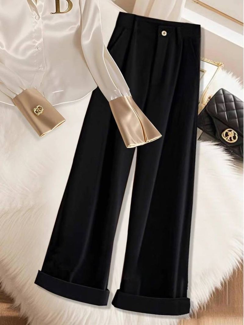 Light Luxury Versatile Fashion Shirt Women's High Waist Wide Leg Pants Two-piece Suit Early Spring Wear High-end Suit_voghion.com