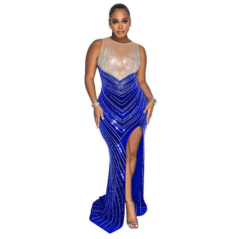 Women's solid color round neck sleeveless hot diamond long skirt dress fashion _voghion.com