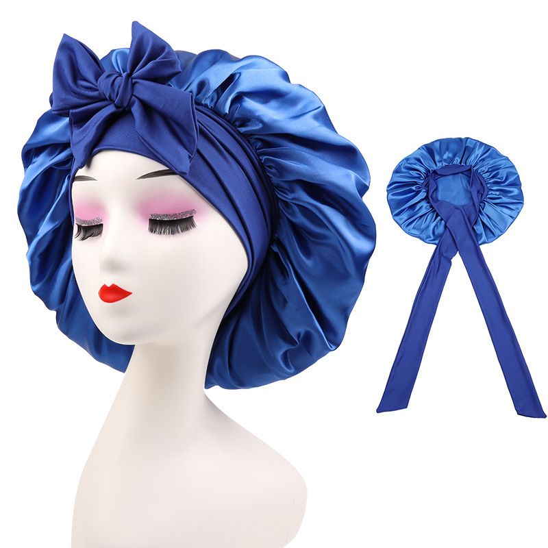 Elastic streamer satin round hat solid color women's long hair nightcap makeup hat knotted beauty perm hat_voghion.com