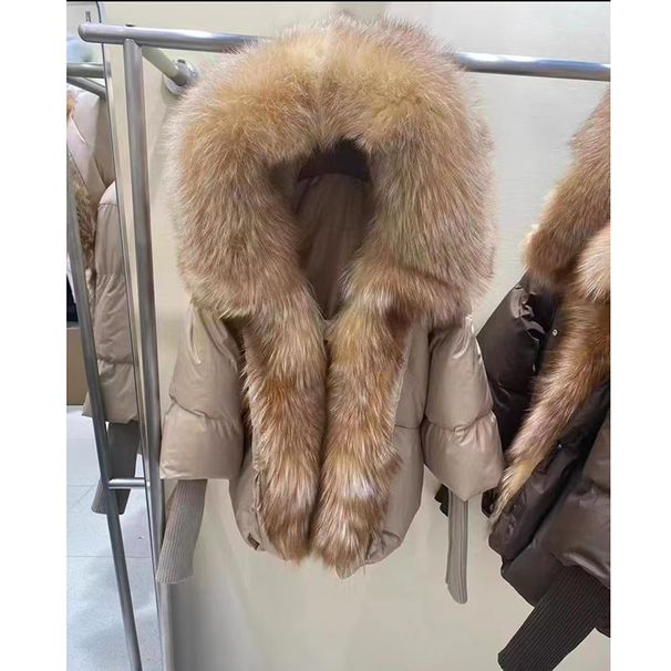 Abbigliamento donna invernale donna lunghezza media maniche filettate con cappuccio piumino d'anatra bianco vera pelliccia grande collo di pelliccia piumino di pelliccia_voghion.com