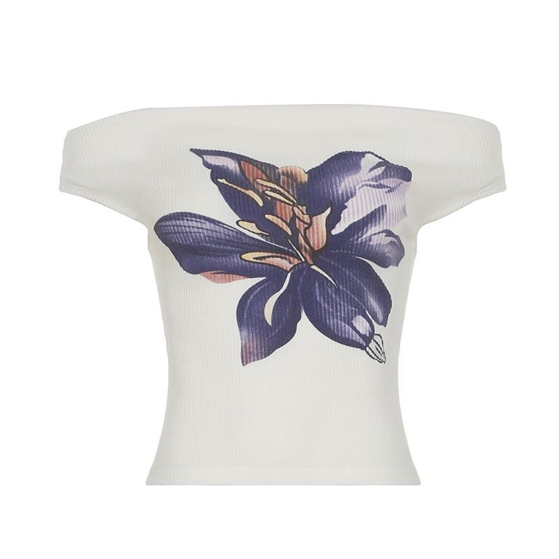 Damenbekleidung Kontrastfarbe Blumendruck One-Shoulder Kurzarm-T-Shirt für Frauen Sommerdesign Slim Hot Girl Gestricktes kurzes Top_voghion.com