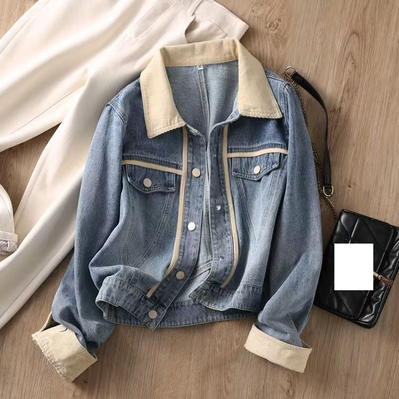 Women's clothing Early spring design contrast color corduroy lapel short denim jacket women's autumn jacket_voghion.com