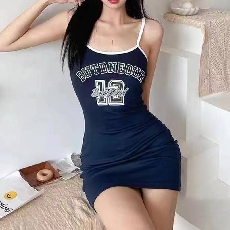 Women's Clothing Waist hugging tight fitting knitted camisole vest hip wrapped short skirt fashionable retro letter print skirt dress_voghion.com