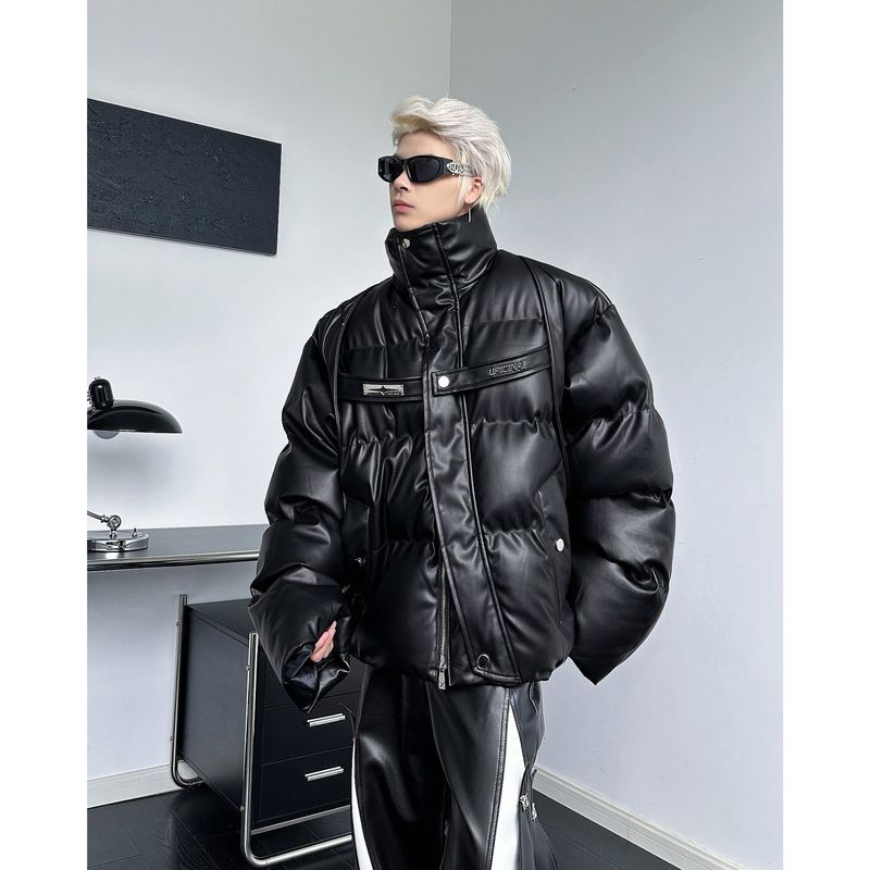 ​​Deconstructed PU Leather Puffer Jacket – Short Cropped Style, Thick Winter Coat With Stand Collar (M/L/XL/2XL, Black/Beige)​​_voghion.com