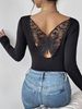 Elegant Solid Color Long Sleeve Top With Back Cutout & Butterfly Lace Trim – Slim-Fit Blouse For Work & Evening_voghion.com