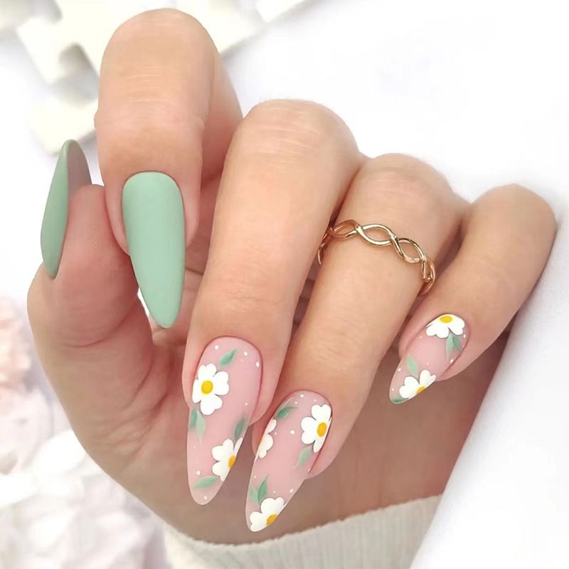 Bloem Ontwerpen 24 Stuks Afneembare Kunstnagels Tips Amandel Nagels Set Druk op Zomer Groene Matte Nep Nagels Weara_voghion.com