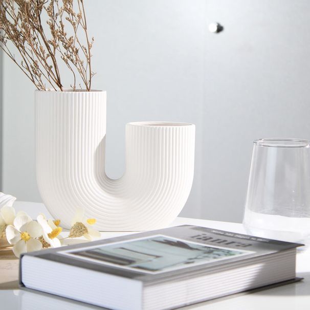Nordic U-Shaped Ceramic Vase - Minimalist Striped Decorative Vase For Small Flowers, Modern Home Decor For Living Room, Shelf Or Office Desk_voghion.com