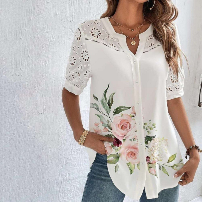Camicetta da donna a maniche corte con risvolto con bottoni, nuova moda_voghion.com