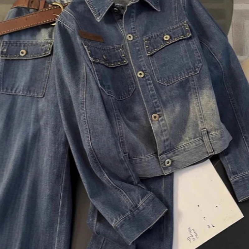 Women's Clothing Autumn Outfit With A Complete Set Of Retro Denim Suits For Women Fashionable Short Jackets Wide Leg Pants Two Piece Suits For Women_voghion.com