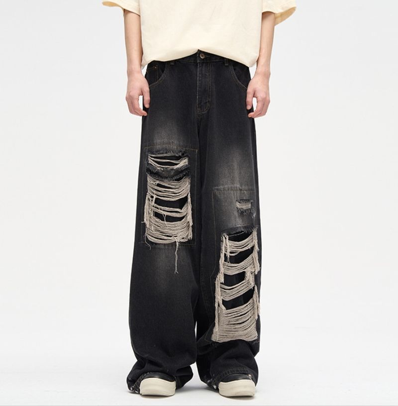 [RebelStitch] Jean homme effet usé – Motif patchwork et ourlet brut | Coupe droite décontractée_voghion.com